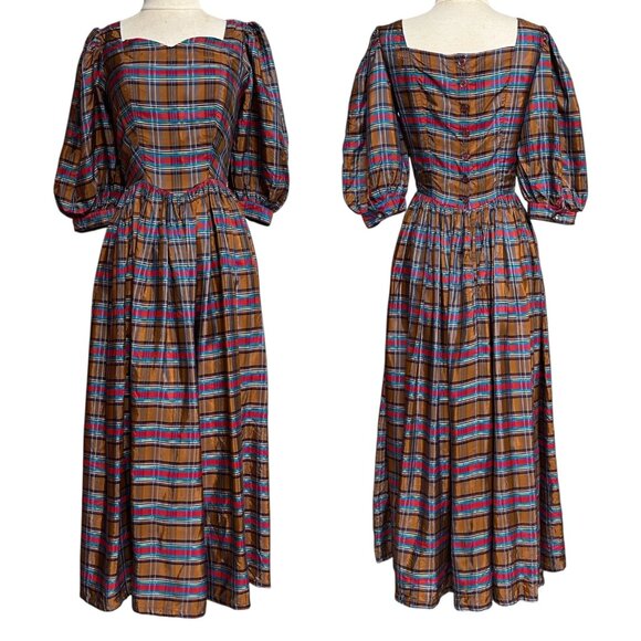 70s vintage plaid puff sleeve dress cottage victorian sweetheart Maxi acetate. - Picture 8 of 9